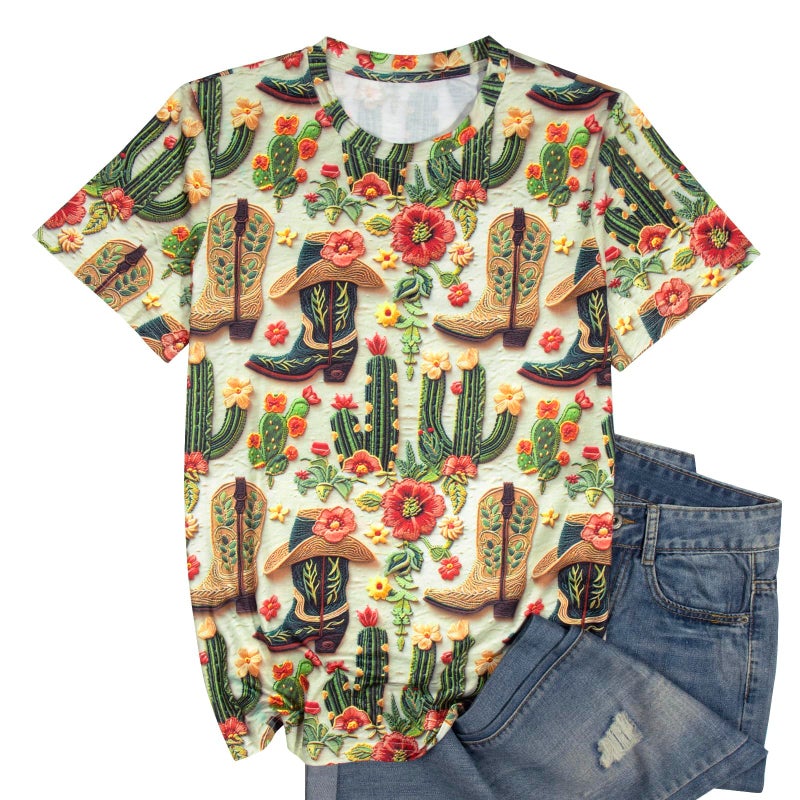 MHTOR Western Cactus Horse T-Shirt Cactus Shirts for Women Desert Horse Graphic Tee Casual Cowgirl Vintage Short Sleeve Tops(Small,Green-02) - Image 2